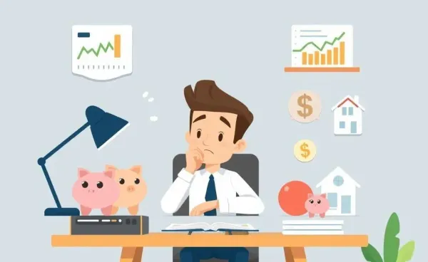 Person pondering investment strategies with charts and savings