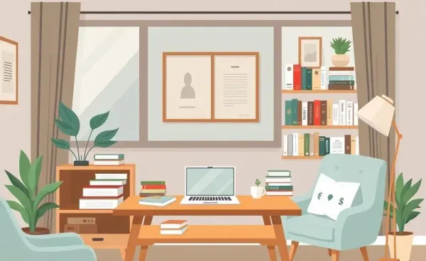 A cozy living room desk showcasing investment books and a laptop