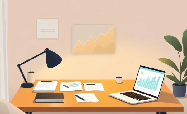 A peaceful home office desk setup with financial papers and a computer graph