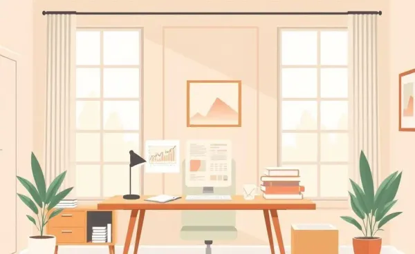 A serene home workspace with investment charts and books on a desk