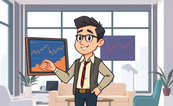 A confident investor analyzing stock charts in a modern office setting.