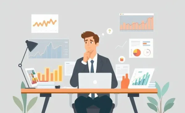 Investor pondering market trends at a desk with financial charts and graphs