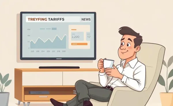 Investor calmly sipping tea while trade news plays on a screen