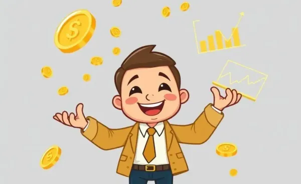 Smiling investor juggling gold coins and stock charts