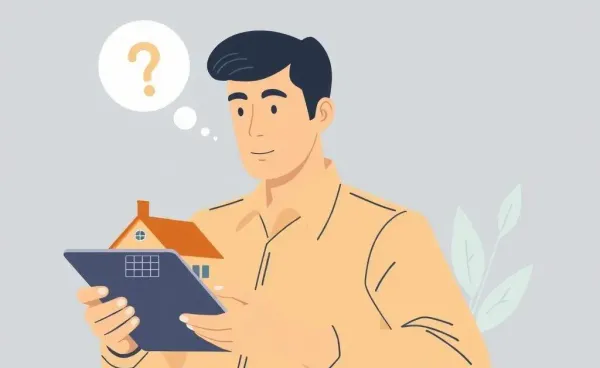 An investor contemplating property sale using a tablet with property portfolio