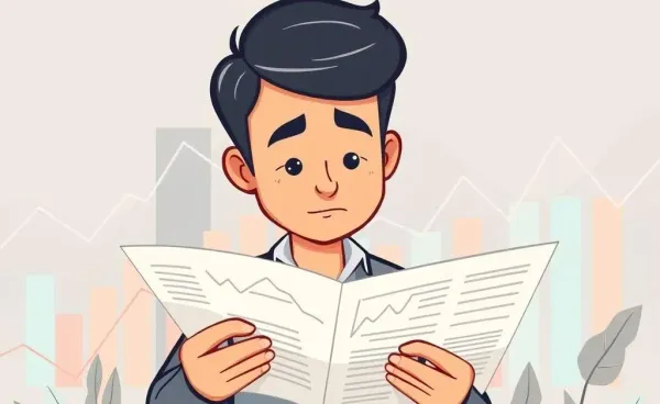 Cartoon-style image of an investor reading stock news with financial charts in the background