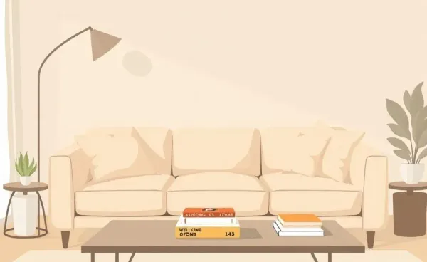 A cozy room setting with books on home-buying tips.