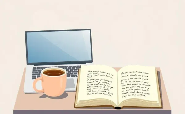 A cozy workspace with a laptop and a coffee cup for writing inspiration