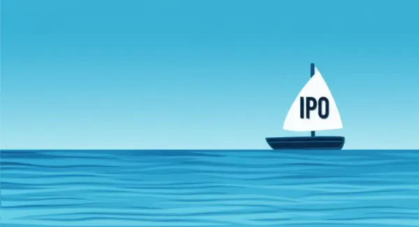A small boat symbolizing an IPO on a vast ocean representing the stock market.