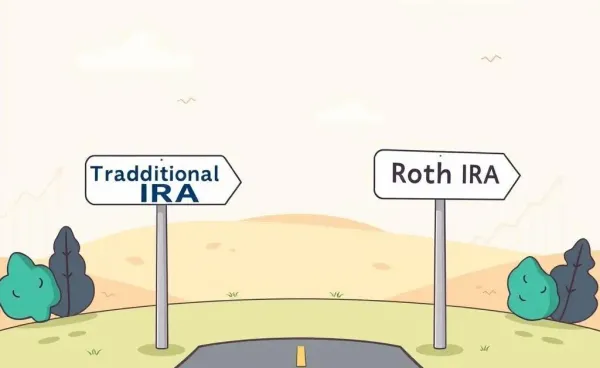 Illustration of a crossroads with signs for Traditional and Roth IRA
