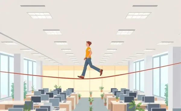 Person confidently walking on a tightrope above an office