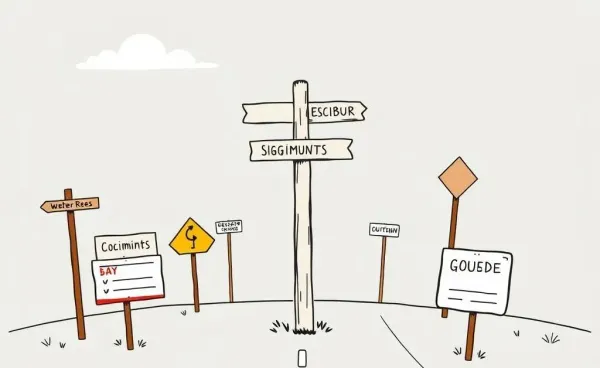 Hand-drawn crossroads scene with signs, illustrating decision-making