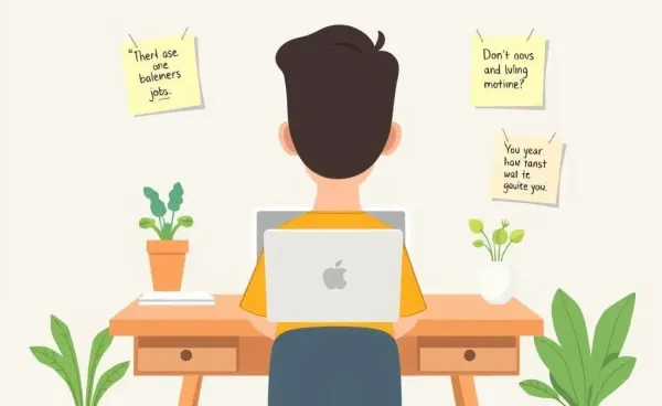A cartoon of a person managing job loss with positive elements around them.