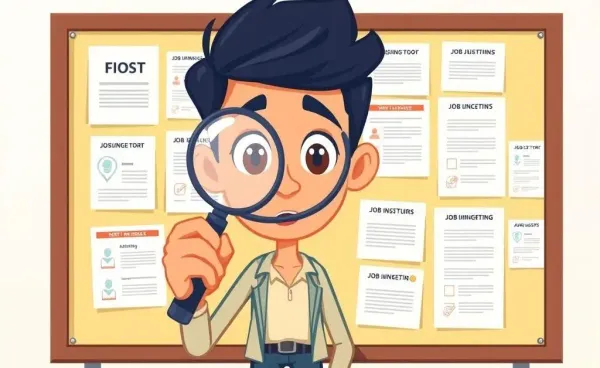 Person examining job listings with a magnifying glass.
