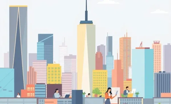 City skyline with diverse professionals representing different industry jobs