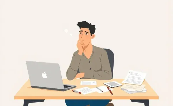 A thoughtful individual pondering over career opportunities at a desk with a laptop and papers