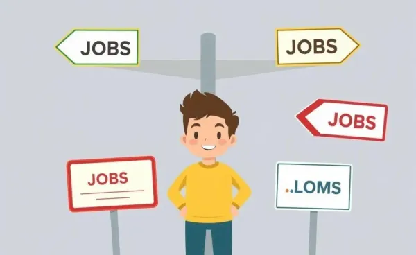 Cartoon image of a person at crossroads with job signs