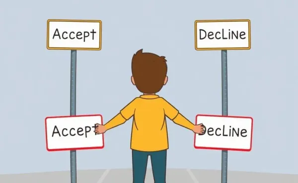 Person deciding between job offers at a fork in the road