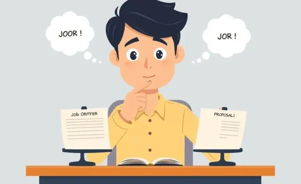 Person weighing job offer proposals at a desk