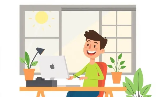 Person happily working at a desk under sunlight