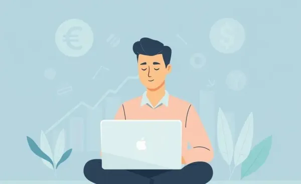 A person working on a laptop amidst economic symbols