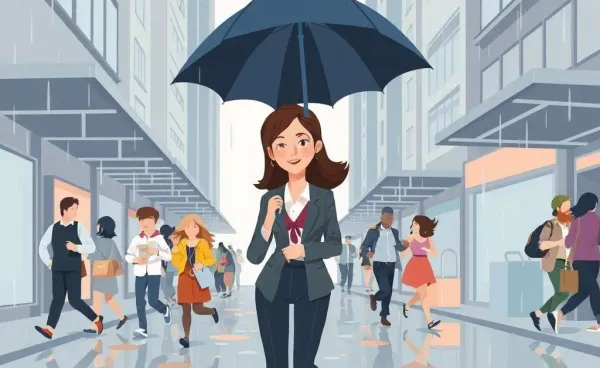 Businesswoman standing confidently in the rain, holding an umbrella, depicting job security.