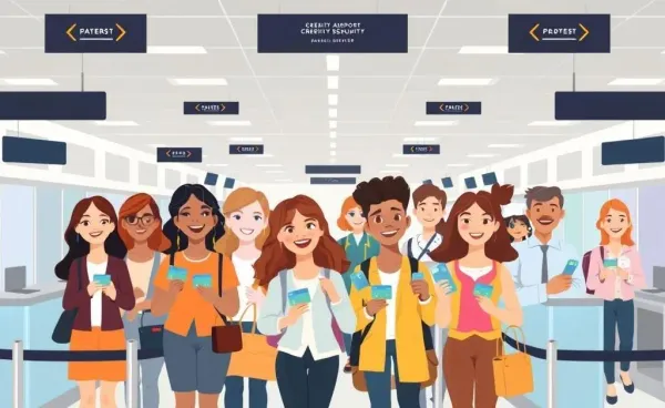 Diverse group of people using credit cards at an airport