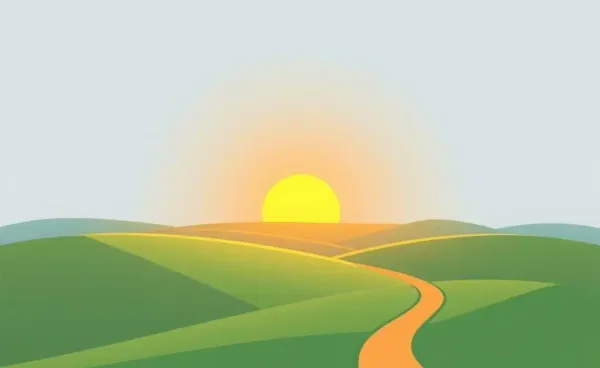 A serene landscape with a winding path leading to the rising sun, symbolizing financial independence.