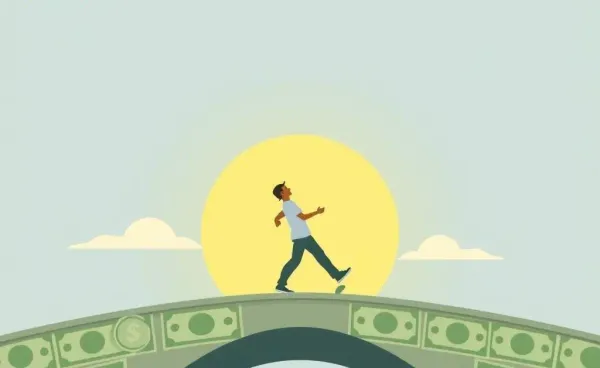 A person walking over a bridge made of dollar bills towards the sun