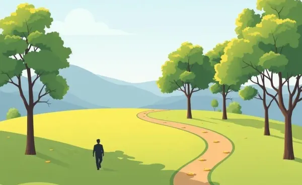 A path lined with trees and coins representing financial independence.