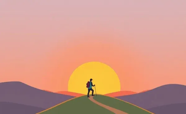 A person hiking towards financial freedom sunset.