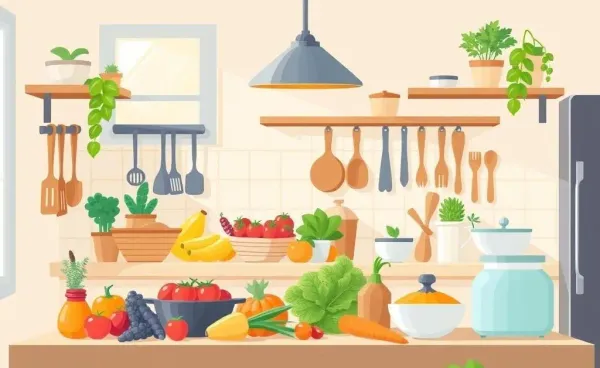 Illustration of a cozy kitchen with fresh ingredients and cooking utensils