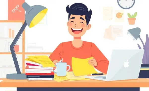 Person joyfully planning a budget with papers, coffee, and a laptop