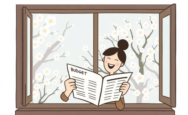 Joyful person reviewing a budget by a window with blossoming trees outside