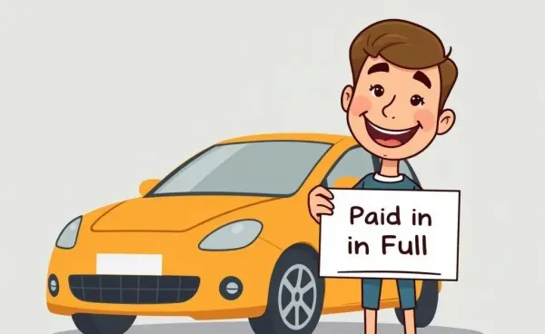 Person celebrating next to a car with a 'Paid in Full' notice