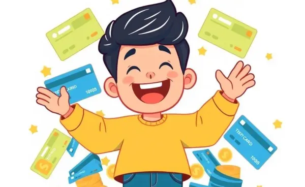 Person surrounded by credit cards and rewards in a joyful manner