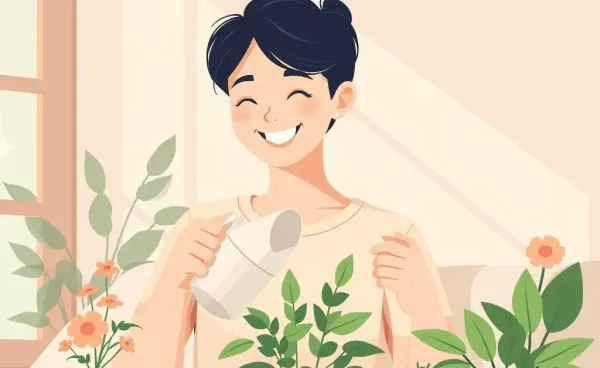 Illustration of a happy person doing daily tasks