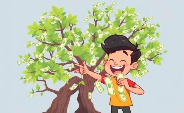 A cartoon of a person shredding bills with a money tree behind them