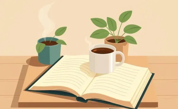 A cozy scene with an open journal and coffee, inviting reflection and decision making