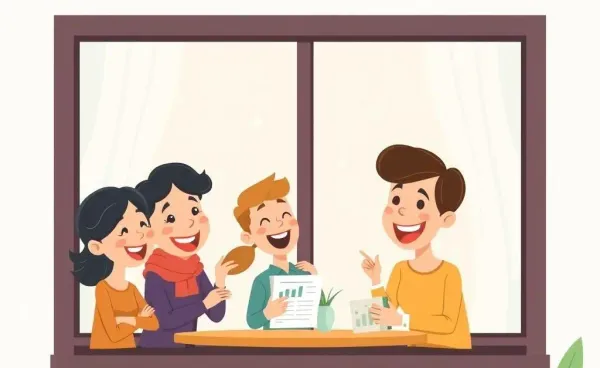 Illustration of a positive group finance discussion by a window