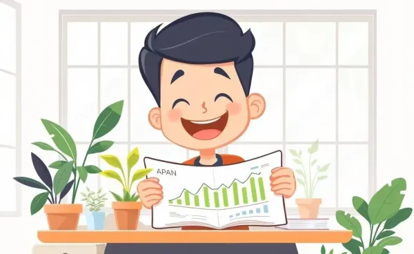 Person happily reviewing financial plans at a desk surrounded by plants