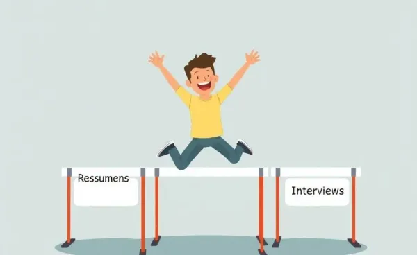A cartoon person jumping over hurdles labeled with job-related tasks