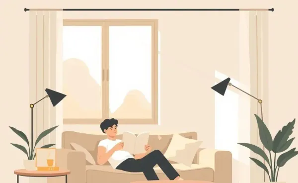 Person enjoying a cozy morning with coffee and a book in a sunlit living room