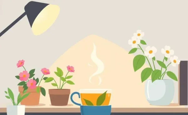 A tranquil, inviting workspace with tea and plants