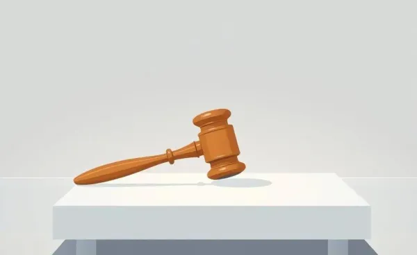 A judge's gavel resting on a neat modern desk