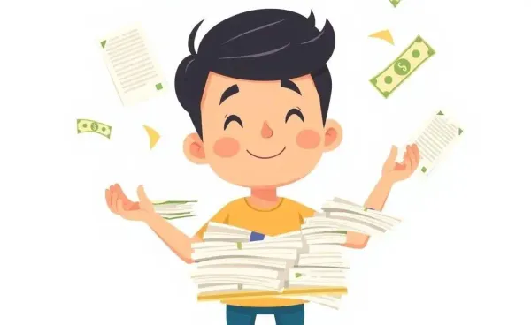 Person juggling bank statements and dollar bills