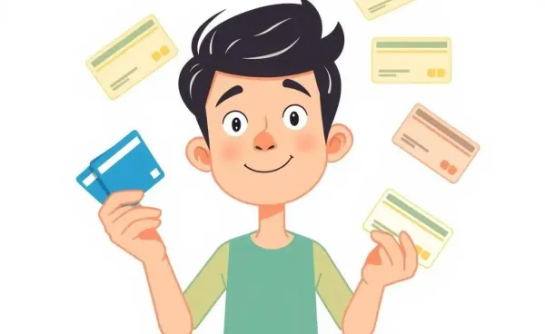 Person juggling multiple credit cards with a thoughtful expression
