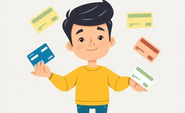 Cartoon of a person juggling multiple credit cards with a calm demeanor