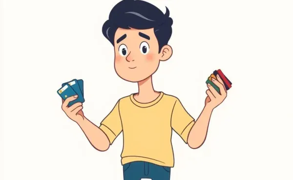 A person juggling multiple credit cards with a thoughtful expression