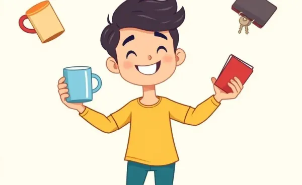 Person juggling everyday objects with a smile in cartoon style
